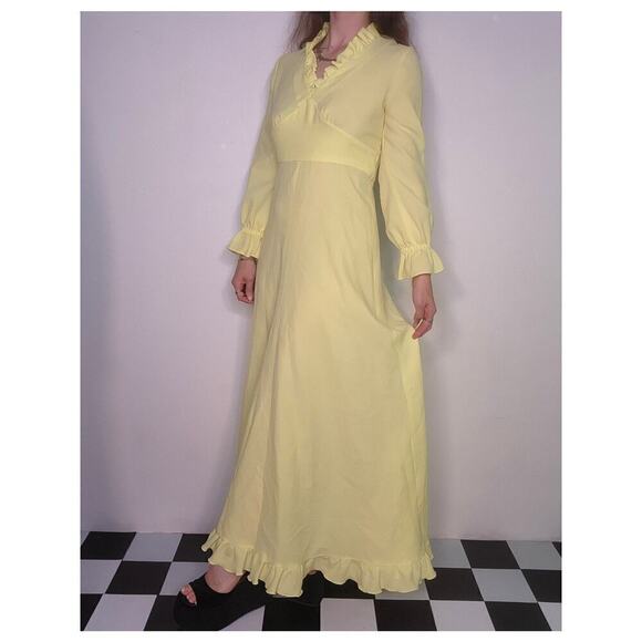50s 60s Vtg Whimsi Yellow Cottage Prairie Vneck Empire Waist Maxi Dress Sz Small - Picture 4 of 10